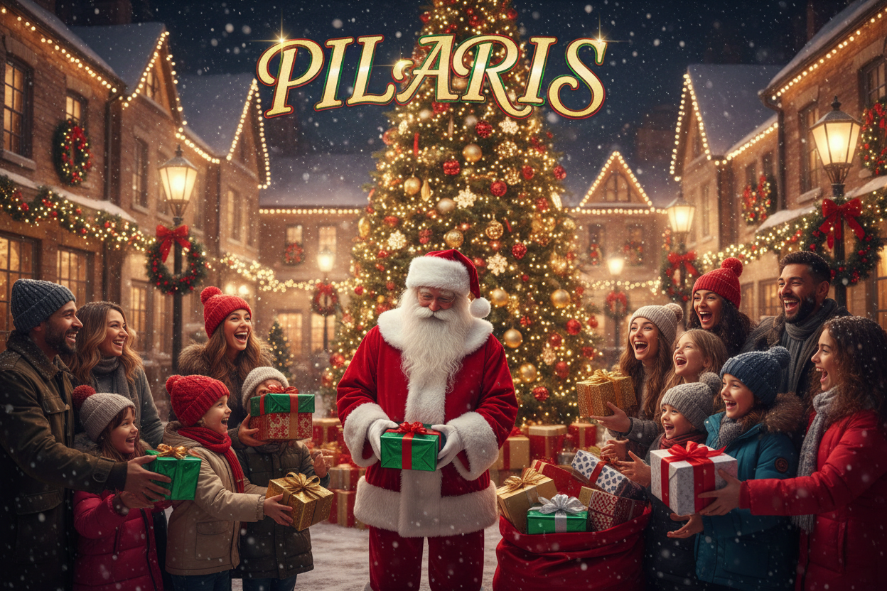 Une vidéo de père Noël 2025 avec les cadeaux distribuant et le non pilaris écrit sur la vidéo